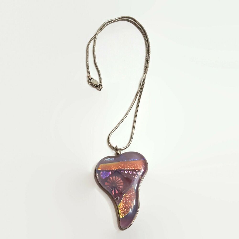 Pink Dichroic Glass Sterling Silver Snake Chain Necklace